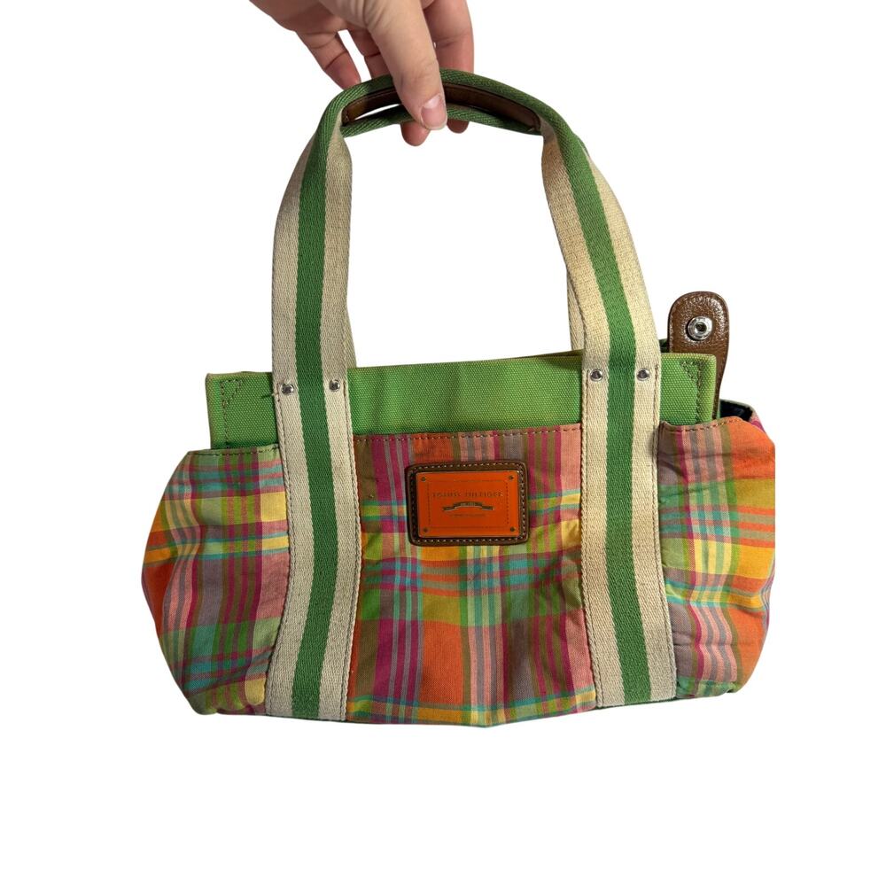 Tommy Hilfiger Canvas Shoulder Tote Bag Purse Multi Colored Plaid Y2k